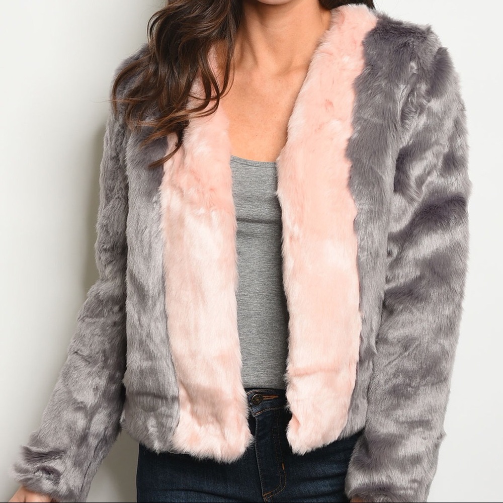 OMG! Gray and pink faux fur a jacket CUTE!